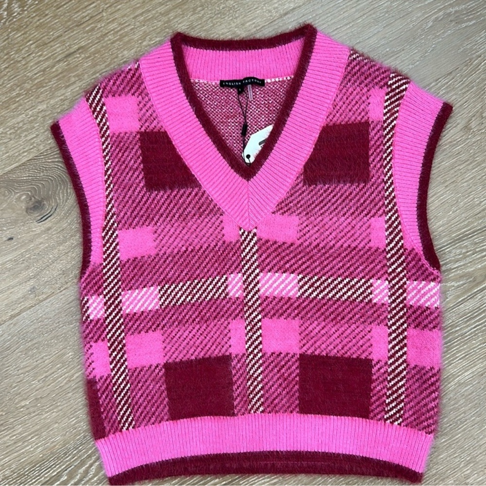 English Factory Pink and Red Plaid V-Neck Sweater Vest